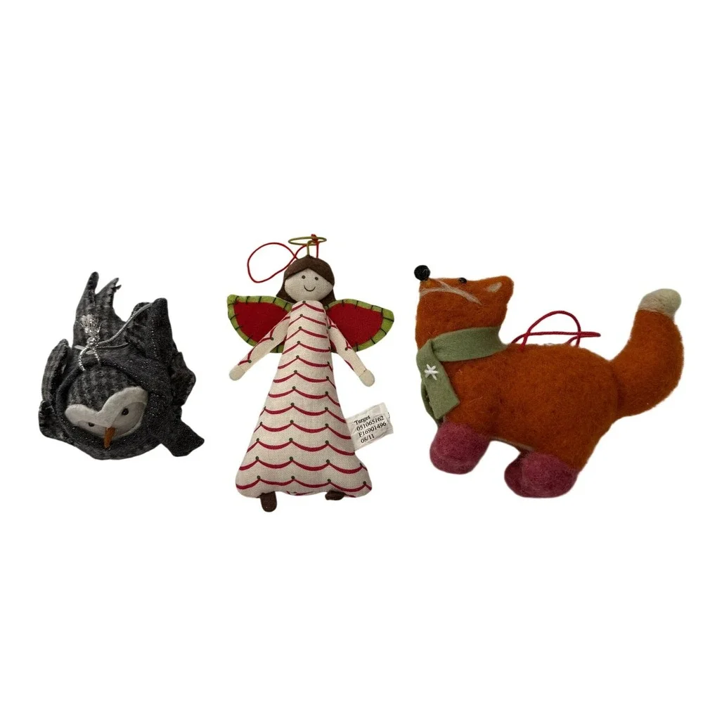 Target Christmas Ornaments Lot 3 Angel Fox Owl Felt Tweed Fabric Holiday Decor